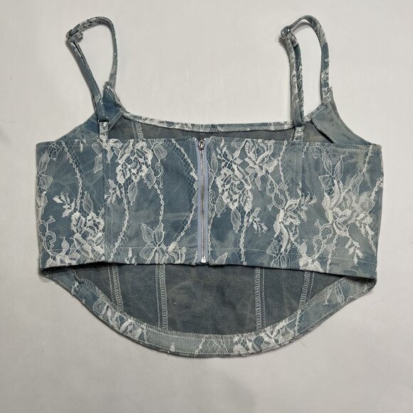 Cider Denim Lace Corset Crop Top in Denim Blue - Picture 5 of 6